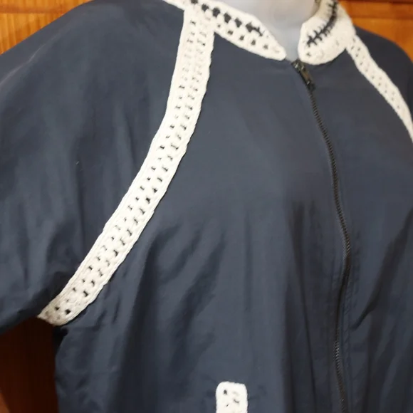 Free People Navy Blue Crochet Trim Zip Front Cropped Bomber Jacket Medium - Picture 9 of 16